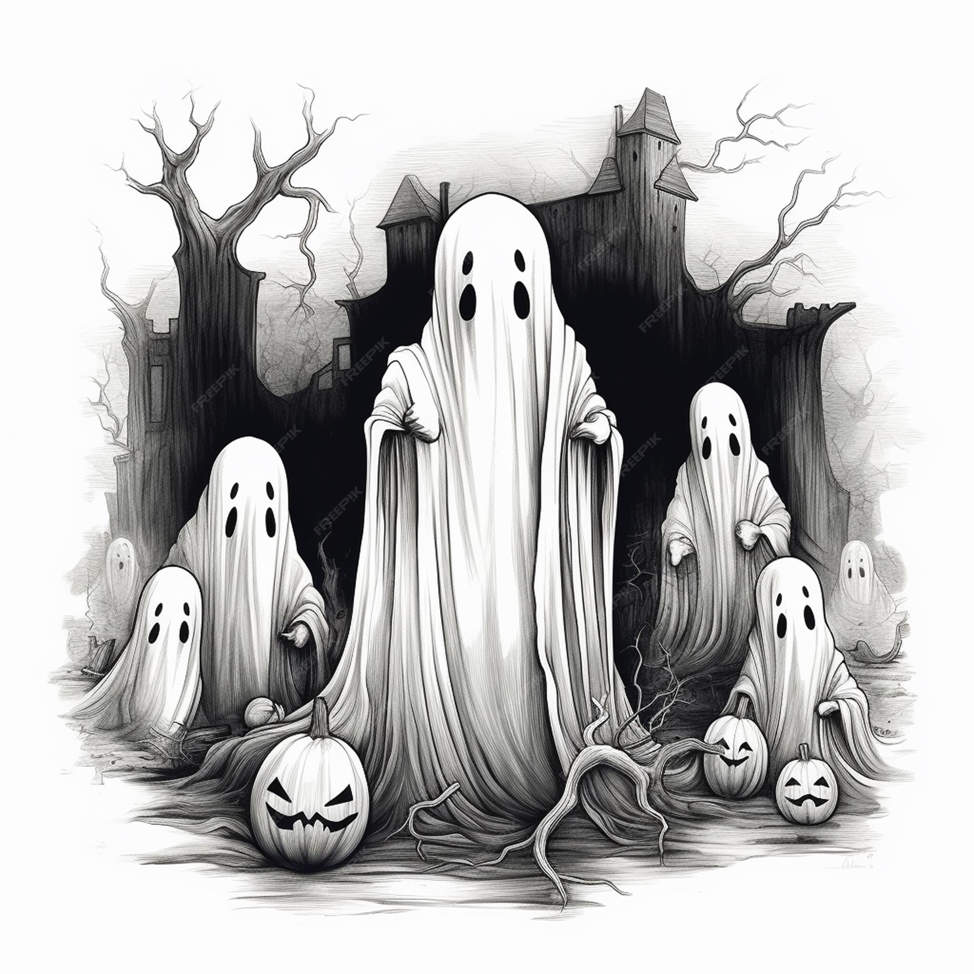 Desenho de fantasma de terror de halloween com um morcego