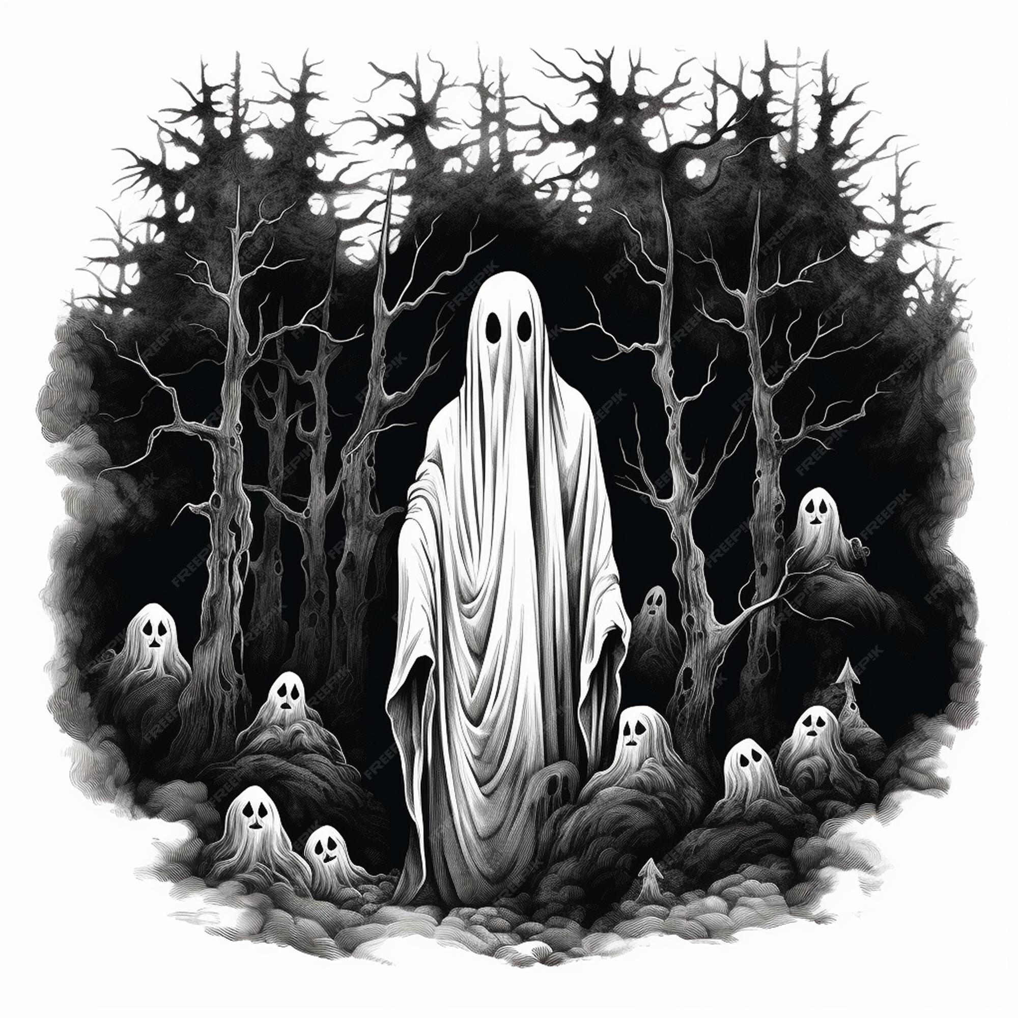 Desenho de fantasma de terror de halloween com um morcego