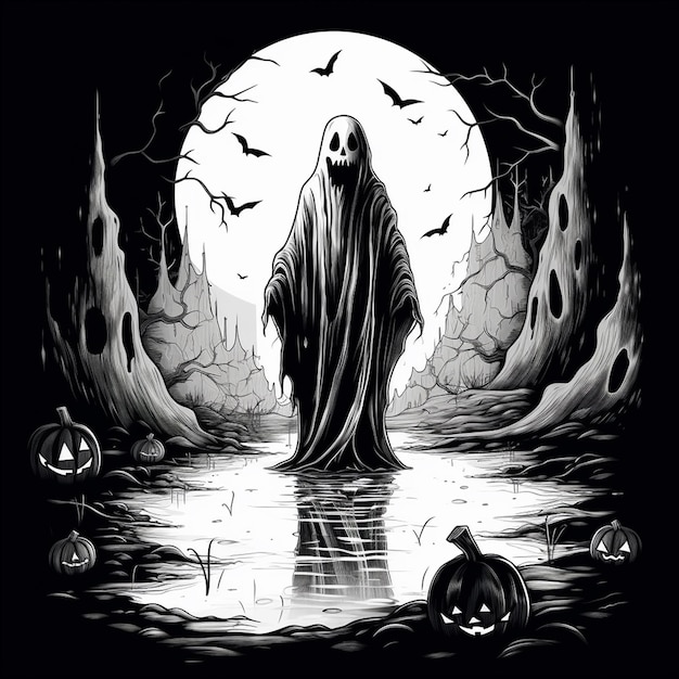 Desenho de fantasma de terror de halloween com um morcego