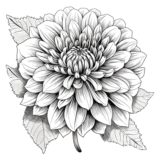 Desenho de flor de dahlia preto e branco ilustração de arte de linha isolada em branco Livro de colorir floral