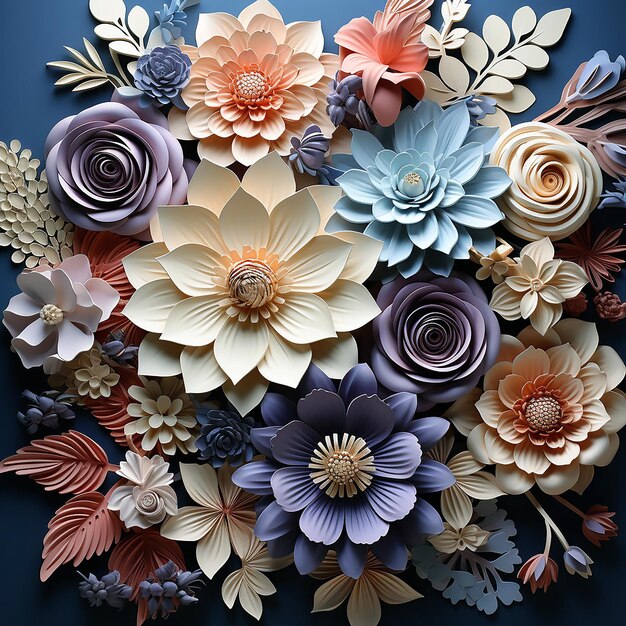 Desenho de flores 3D com flores em azul e roxo