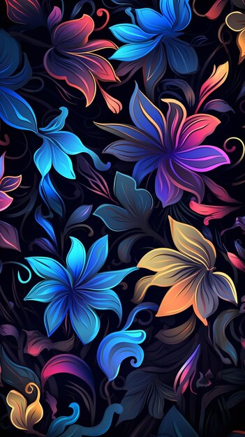 Desenho de flores em papel de parede de fundo preto para telefone Padrão floral