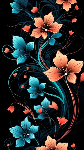 Desenho de flores em papel de parede de fundo preto para telefone Padrão floral