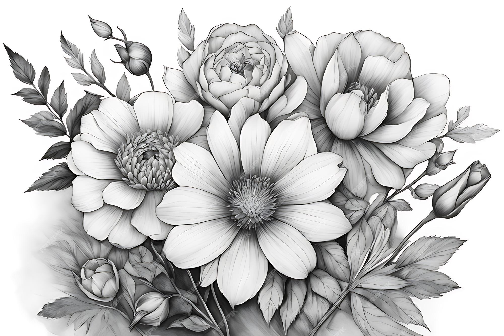 Aquarela para colorir papel para adultos, esboço de flor linha