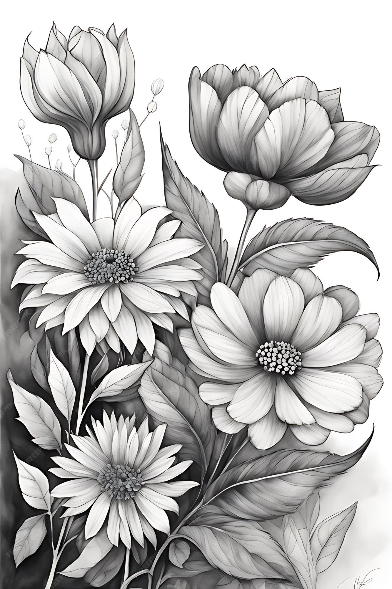 Aquarela para colorir papel para adultos, esboço de flor linha