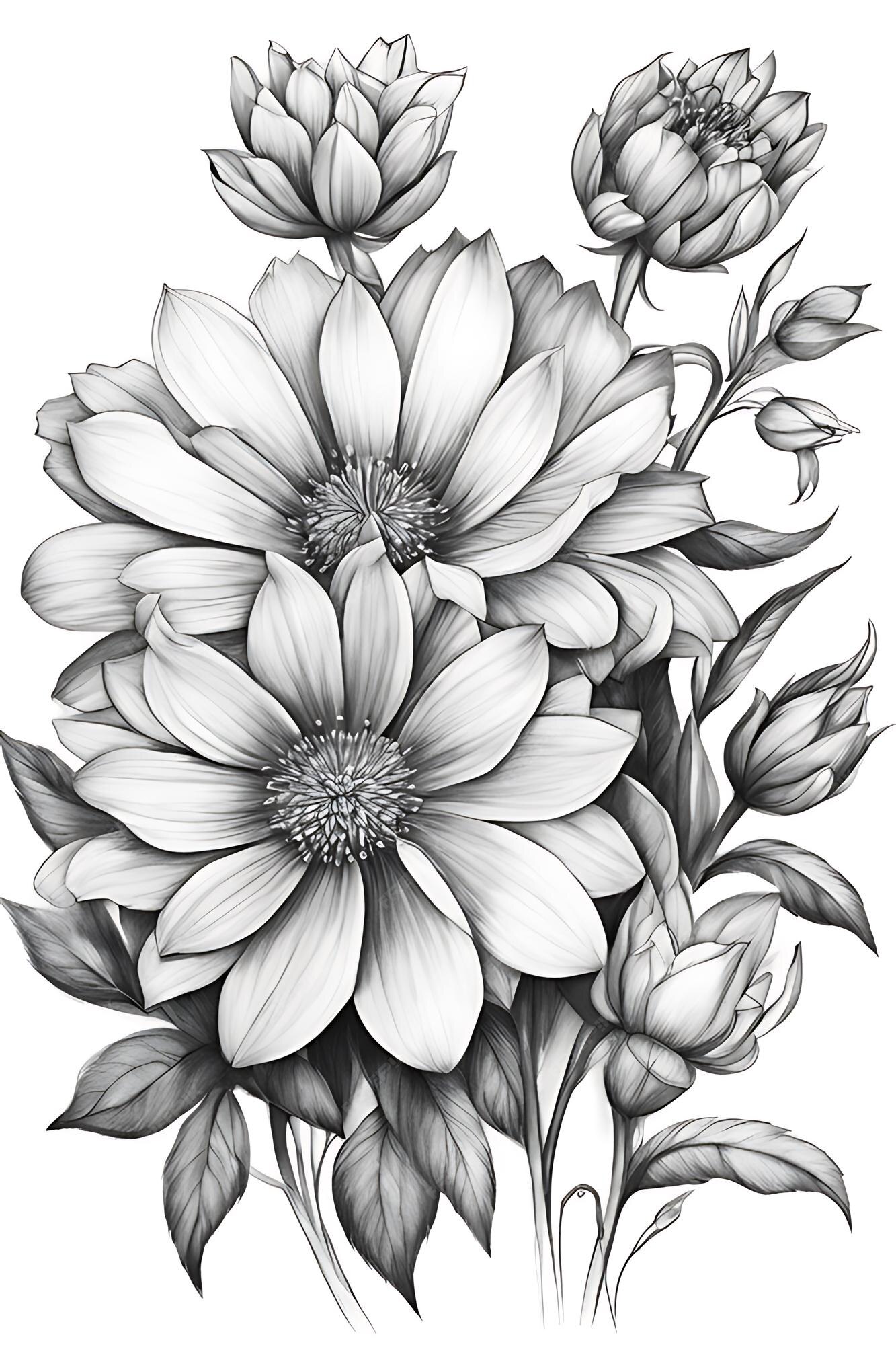 Aquarela para colorir papel para adultos, esboço de flor linha