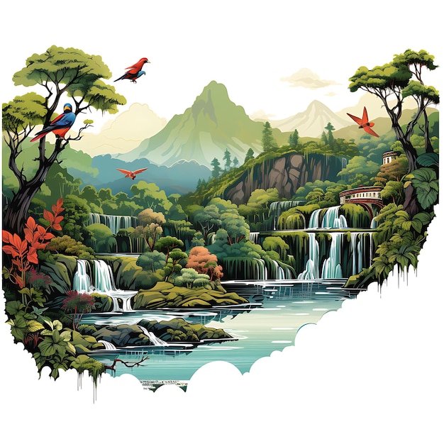 Foto desenho de floresta tropical borderline aves tropicais cachoeiras macacos lush clipart footer header art