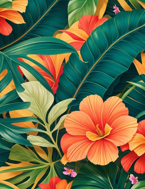 Desenho de folhas e flores tropicais