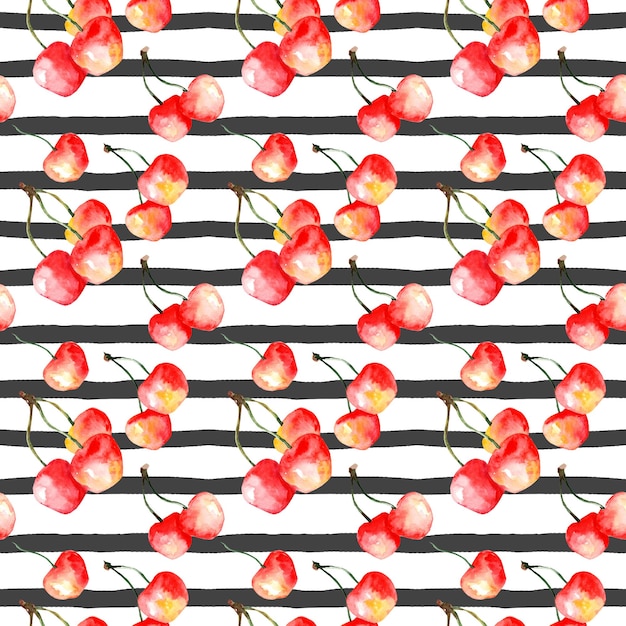 Desenho de frutas de verão Padrão de cereja em aquarela Padrão desenhado à mão para etiquetas de tecido de design para creme de geléia