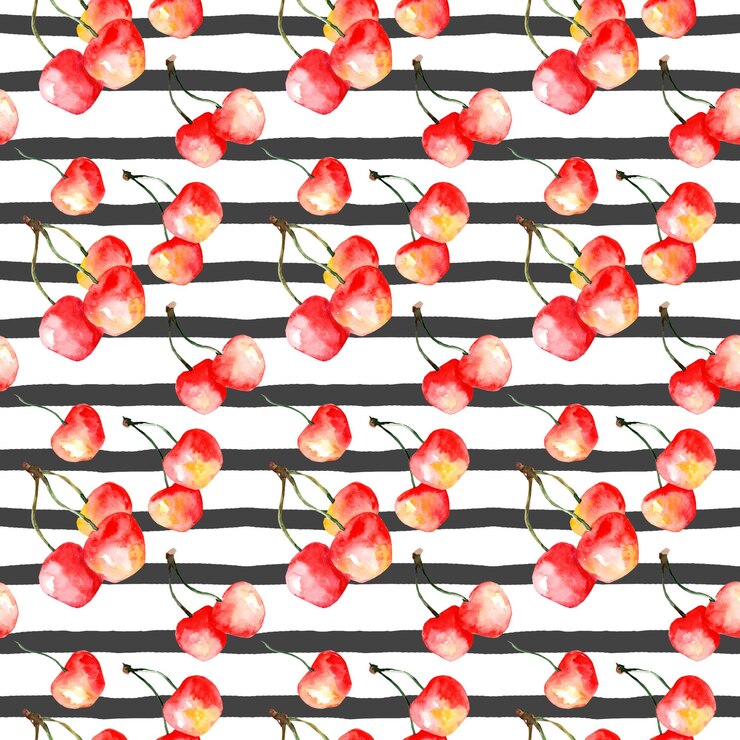 Foto desenho de frutas de verão padrão de cereja em aquarela padrão desenhado à mão para etiquetas de tecido de design para creme de geléia