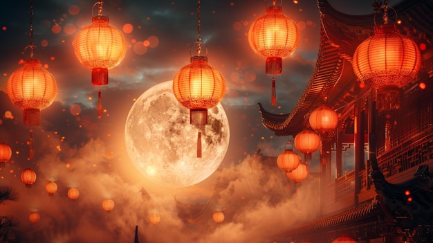 Desenho de fundo com lanterna de lua chinesa dourada e elementos decorativos orientais para cartazes de cobertura de férias do Ano Novo Lunar Asiático e banners de venda
