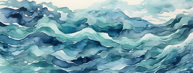 Desenho de fundo de aquarela que encapsula a beleza serena de tons azuis e turquesa retratando um padrão abstrato de ondas do mar com um efeito de gradiente