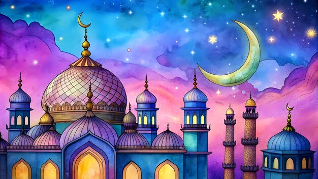 Desenho de fundo de Eid com mesquita e meia-lua