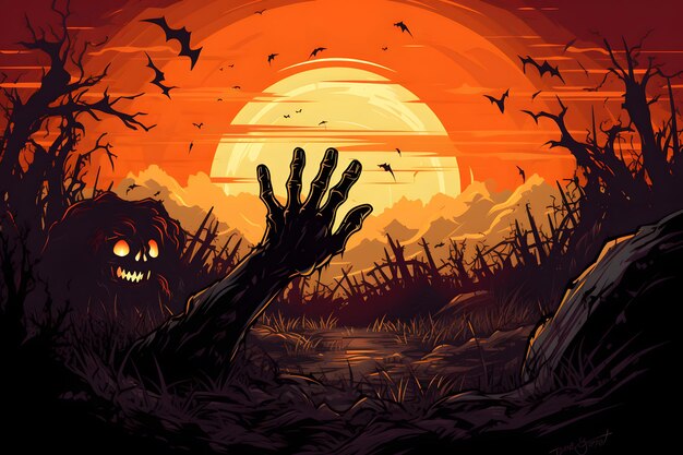 Foto desenho de fundo de halloween com mão de zumbi explodindo no cemitério à noite