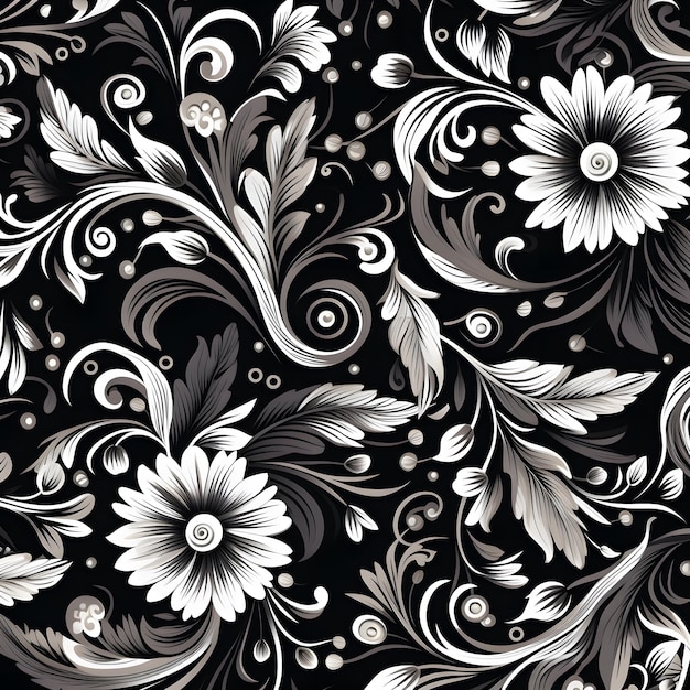 desenho de fundo de luxo preto padrão floral escuro desenho de flores sem costura desenho de rococó desenho sem costura