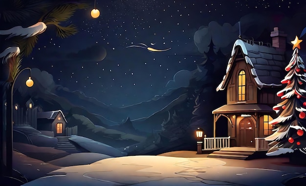 Desenho de fundo de noite de Natal na neve e na casa do castelo