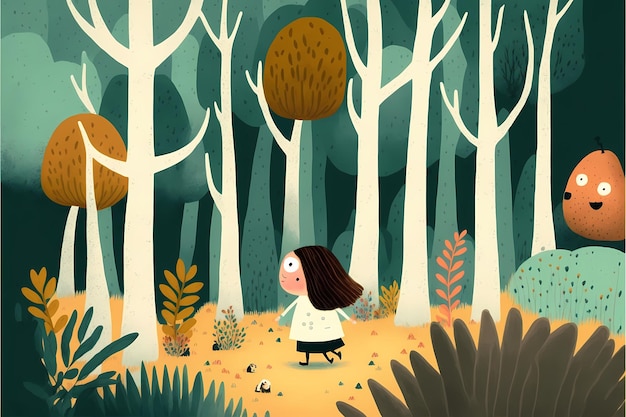 Desenho de fundo de uma garotinha brincando no meio da floresta, com um colorido atrativo.