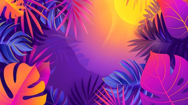 Desenho de fundo de verão abstrato e colorido Com sol intenso e folhas tropicais
