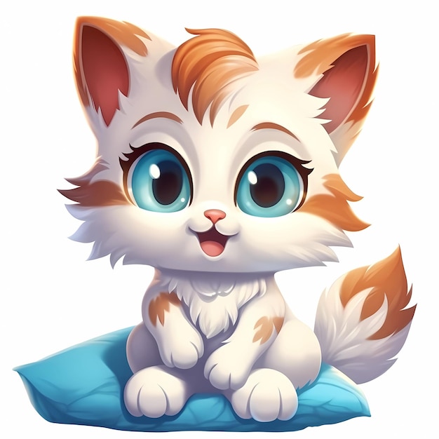 Foto desenho de gatinho de estimação feliz com olhos azuis em uma almofada azul sobre fundo branco