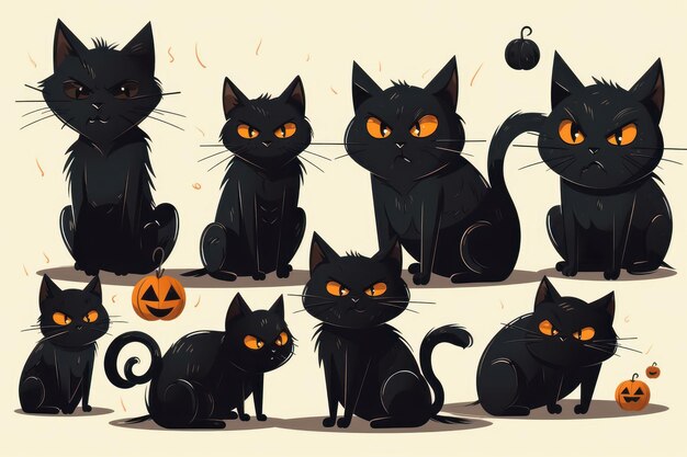 Conjunto De Gatos Pretos. Coleção De Gatos Dos Desenhos Animados Para O  Halloween. Adorável Jogando Gatinhos Pretos. Ilustração Do Vetor De Animais  De Estimação. Logo Do Gato. Ilustraciones svg, vectoriales, clip art