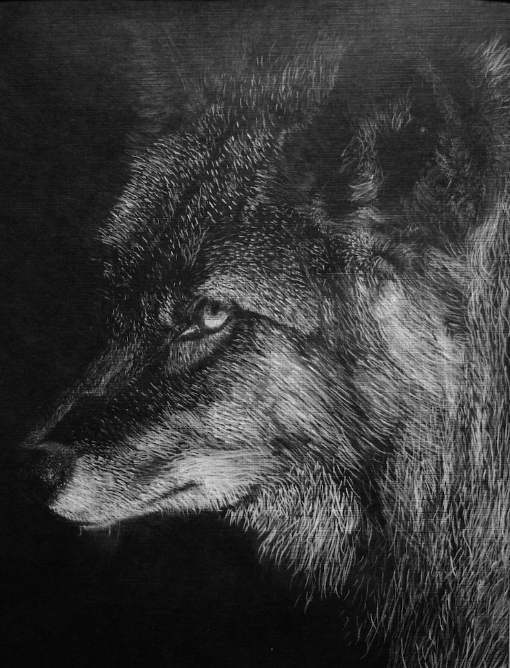 Foto desenho de giz branco à mão do perfil do rosto de um lobo preto em papel preto