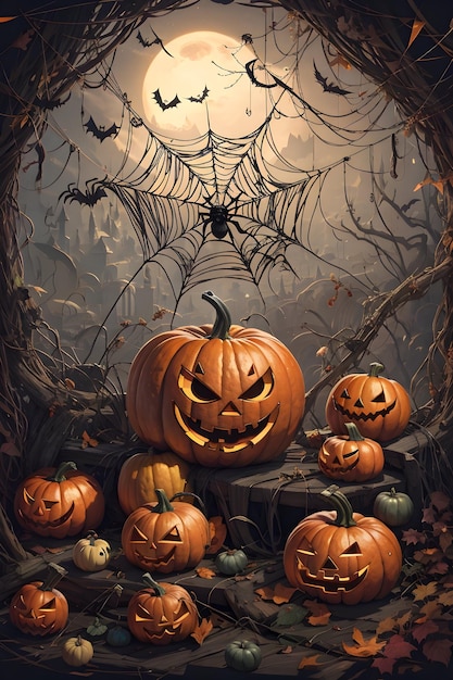 Desenho de Halloween com teias de aranha e abóboras com um aspecto assustador