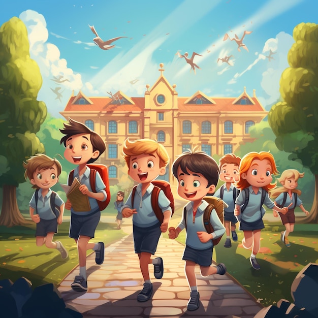 Desenho de ilustração de desenho animado de algumas crianças correndo para a escola perfeita para criar um banner ou panfleto com sagacidade