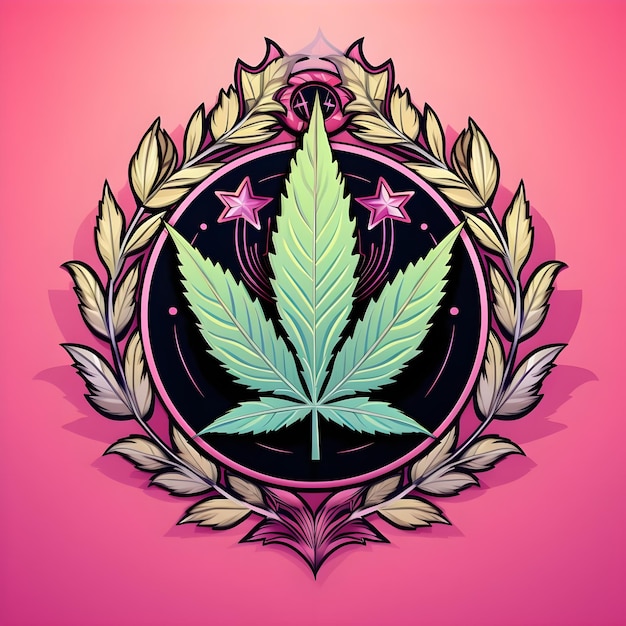 Desenho de ilustração de emblema criativo e vibrante para folha de cânhamo de maconha
