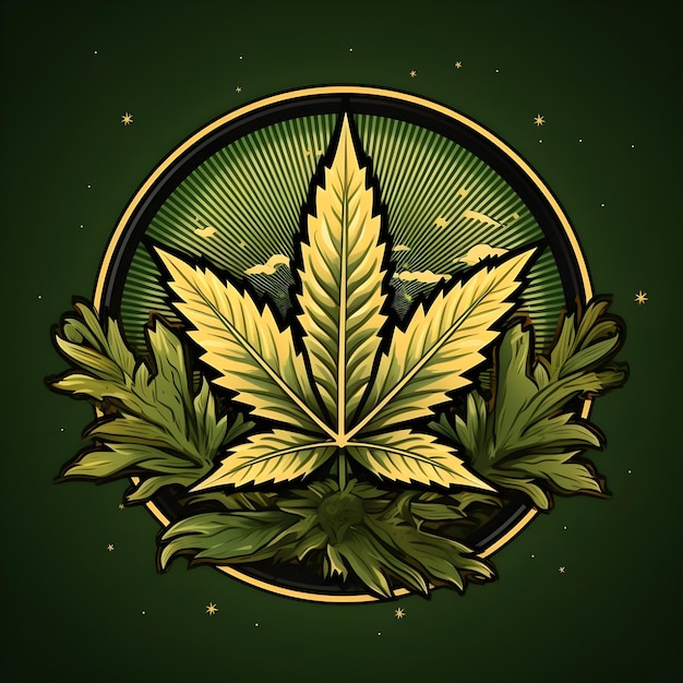 Desenho de ilustração de emblema criativo e vibrante para folha de cânhamo de maconha