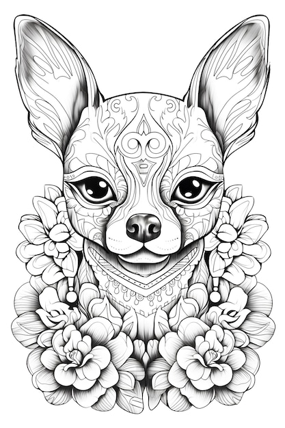 Desenho de Ilustração em preto e branco de cachorro mandala para colorir