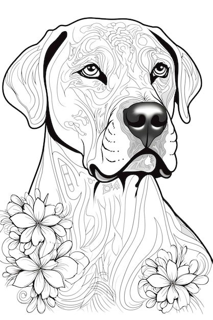 Desenho de Ilustração em preto e branco de cachorro mandala para colorir