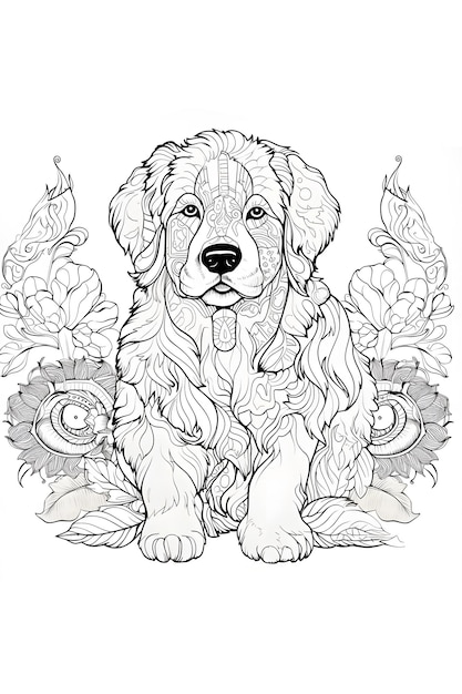Desenho de Ilustração em preto e branco de cachorro mandala para colorir
