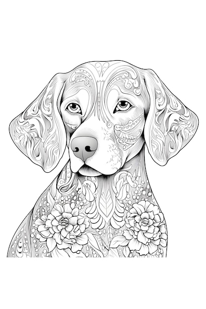 Desenho de Ilustração em preto e branco de cachorro mandala para colorir