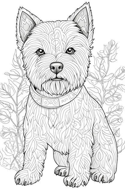 Desenho de Ilustração em preto e branco de cachorro mandala para colorir