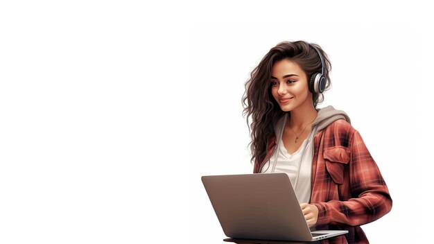 desenho de ilustração Uma bela jovem sorridente vestindo uma jaqueta a quadros casual trabalhando em um laptop