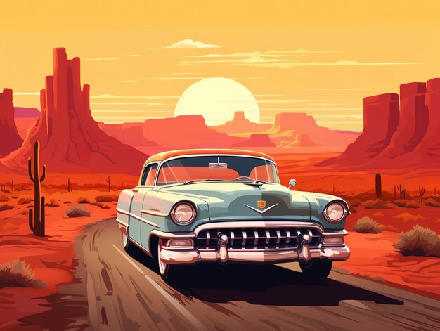 Desenho de ilustração vetorial de carro clássico no deserto de Nevada