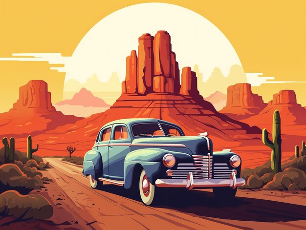 Desenho de ilustração vetorial de carro clássico no deserto de Nevada