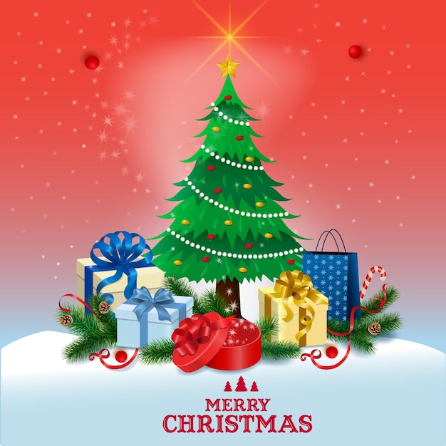 Desenho de ilustração vetorial de presente de Natal e árvore de Natal