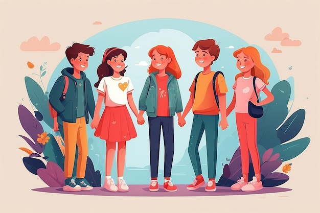 Desenho de ilustrações de amizade entre meninas e meninos