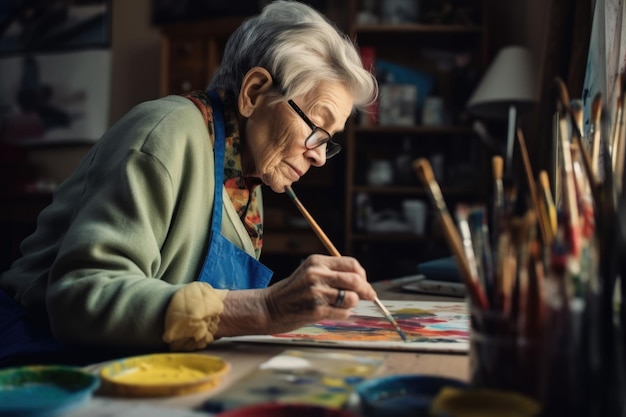 Desenho de imagem de avental de artista de estúdio de arte caucasiana sênior feminina Generativa AI AIG23