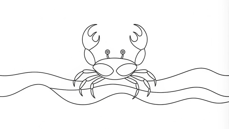 Foto desenho de linha contínua de um caranguejo na praia com ondas conceito de arte minimalista