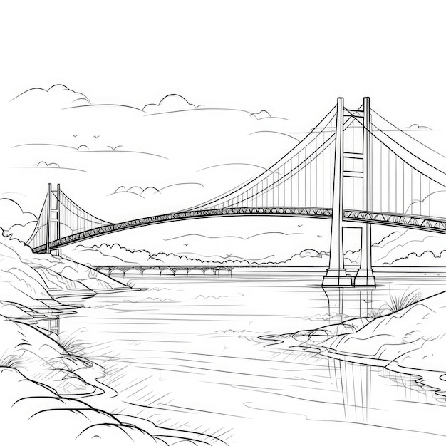 Desenho de linha contínua minimalista de uma ponte gigante sobre um rio