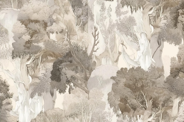Desenho de linha de árvore cad estilo minimalista Vista lateral conjunto de elementos gráficos de árvores primavera