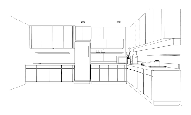 Desenho de linha de sala de cozinha e despensaDesign moderno renderização em 3d