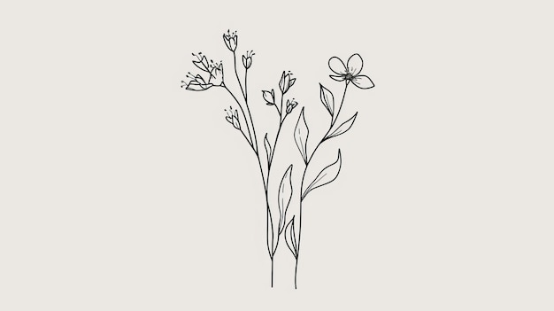 Desenho de linha desenhado à mão de um ramo floral com folhas minimalistas adequado para logotipos e tatuagens Flores silvestres elegantes em um desenho de arte de linha para impressões, capas e papéis de parede
