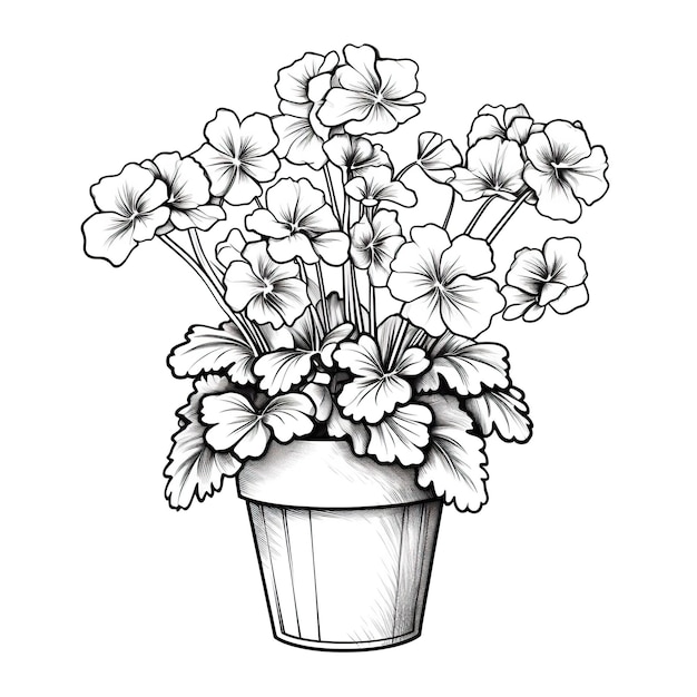 Foto desenho de linha preta e branca de uma planta em vaso com flores em plena floração planta em vaso em floração natureza esboço de uma planta envasada em floração
