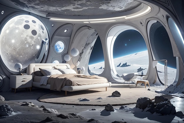 Foto desenho de luxo lunar um quarto futurista na superfície da lua