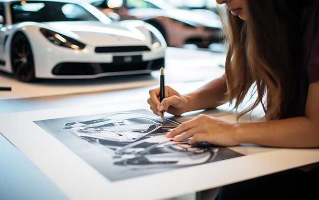 Foto desenho de mão de carro de designer de mulher a bordo