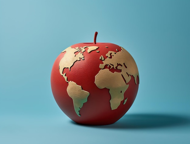 Desenho de mapa do mundo de maçã vermelha em fundo azul conceito ambiental da terra Dia Mundial da Terra