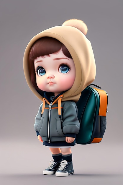 Desenho de menina chibi 3d com capuz e ransel